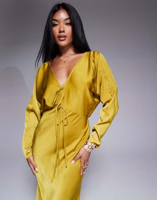 ASOS DESIGN batwing sleeve midi dress with tie front in ochre