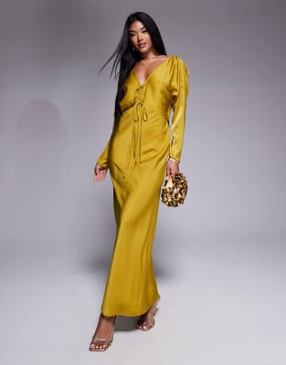 ASOS DESIGN exaggerated sleeves bias cut maxi dress with ruched waist in gold