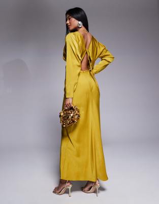ASOS DESIGN batwing sleeve midi dress with tie front in ochre