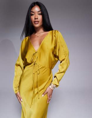 ASOS DESIGN batwing sleeve midi dress with tie front in ochre