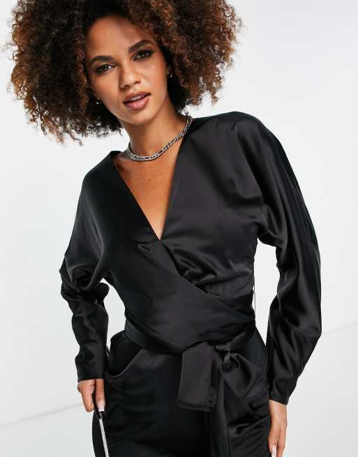 ASOS DESIGN batwing sleeve mini dress in satin with wrap waist in black