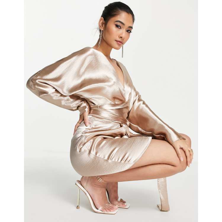 ASOS DESIGN batwing sleeve mini dress in satin with wrap waist in