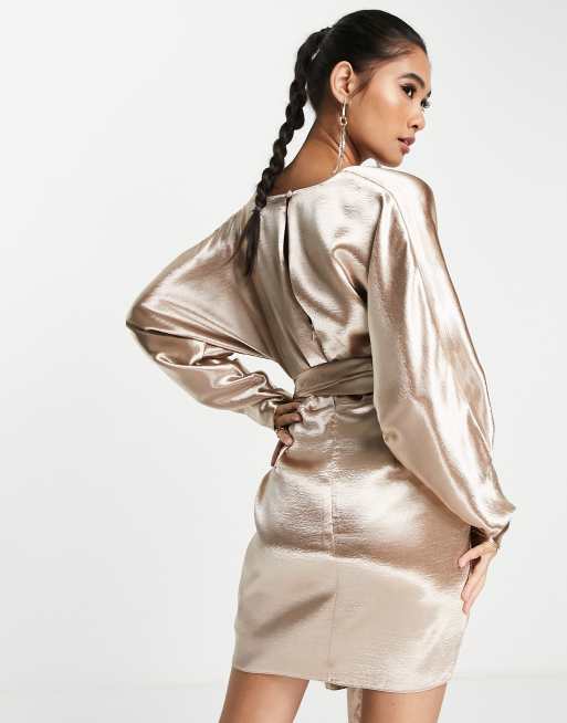 ASOS DESIGN batwing sleeve mini dress in satin with wrap waist in soft gold