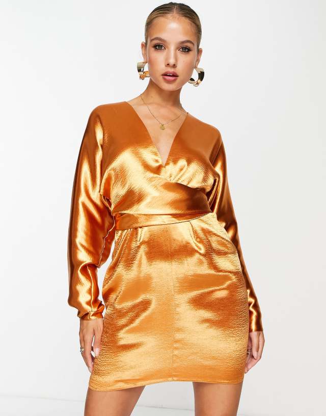 ASOS DESIGN batwing sleeve mini dress in satin with wrap waist in soft gold