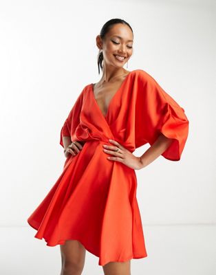 ASOS DESIGN batwing sleeve plunge mini dress in red