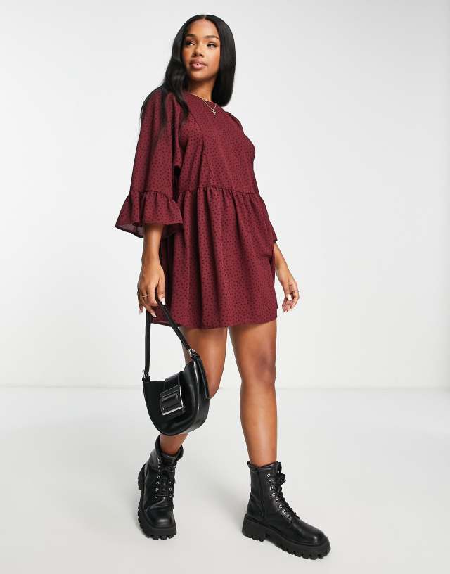 ASOS DESIGN - batwing sleeve smock mini dress in burgundy base black spot