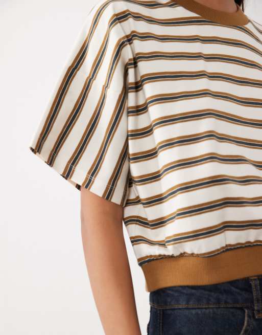 ASOS DESIGN batwing sleeve striped t-shirt in brown and lemon, 3 of 4