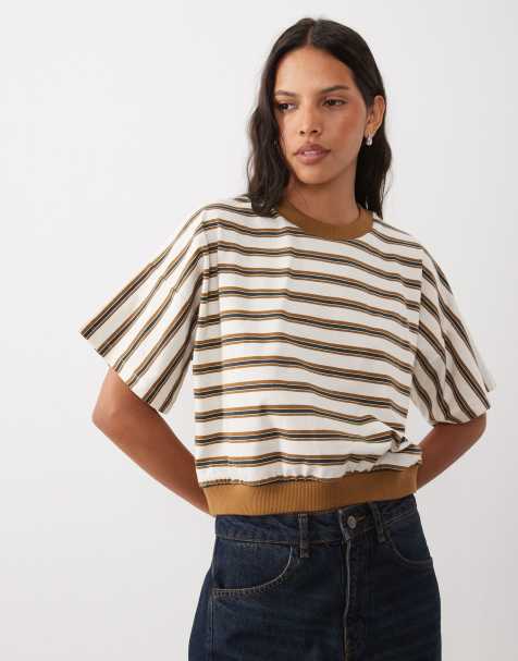 ASOS DESIGN batwing sleeve striped t.shirt brown and lemon - view 1