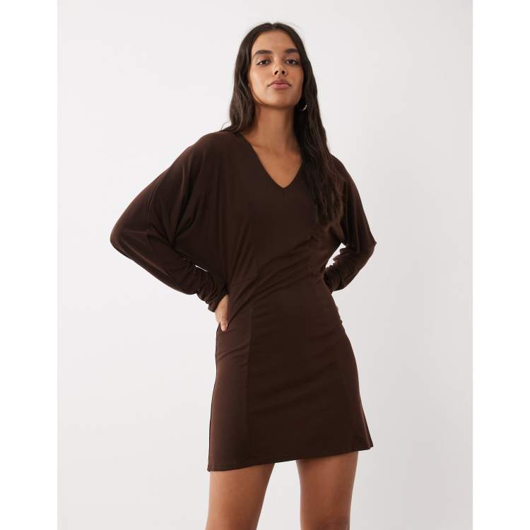 ASOS DESIGN batwing sleeve v-neck mini dress in brown