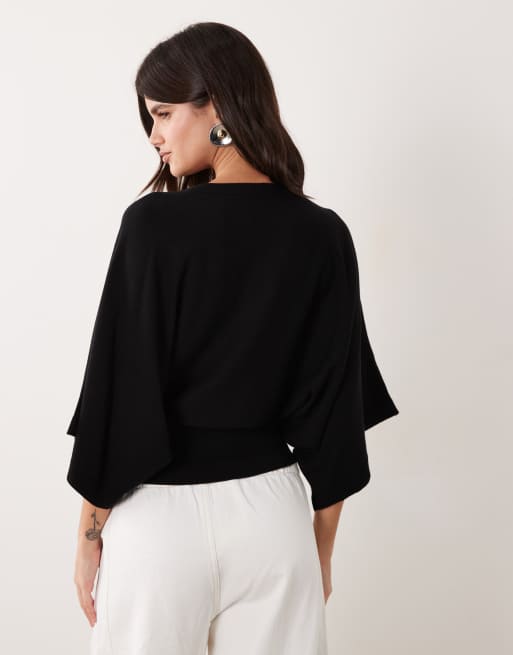 ASOS DESIGN batwing sleeve waisted top in black, 4 of 4