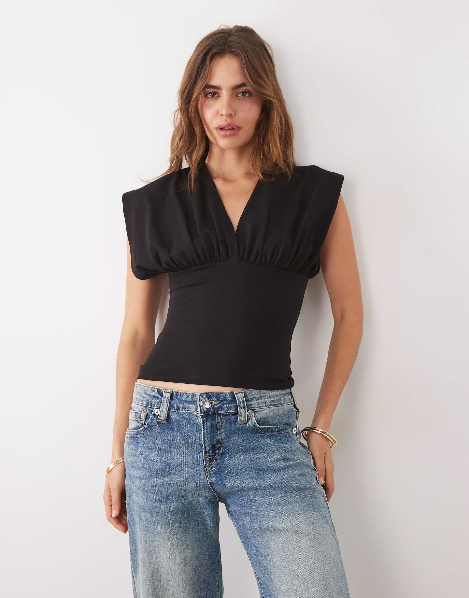 asos design batwing sleeve with plunge neck top in black