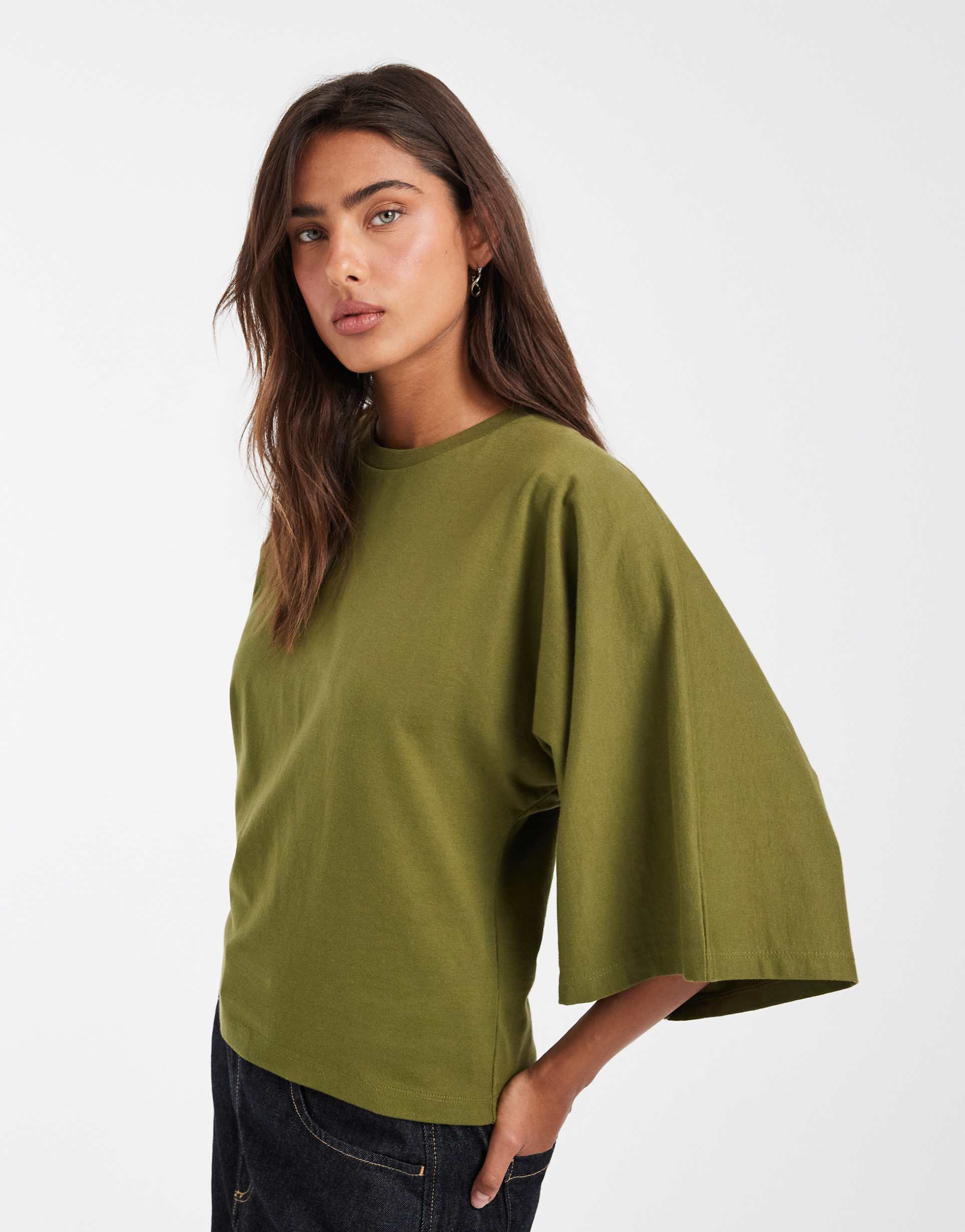 asos design batwing sleeves fitted tee in khaki green