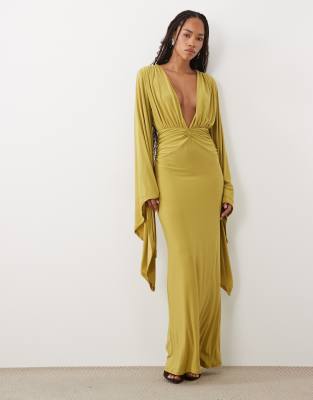 Asos Design Batwing Slinky Maxi Dress With Plunge Neckline In Yellow