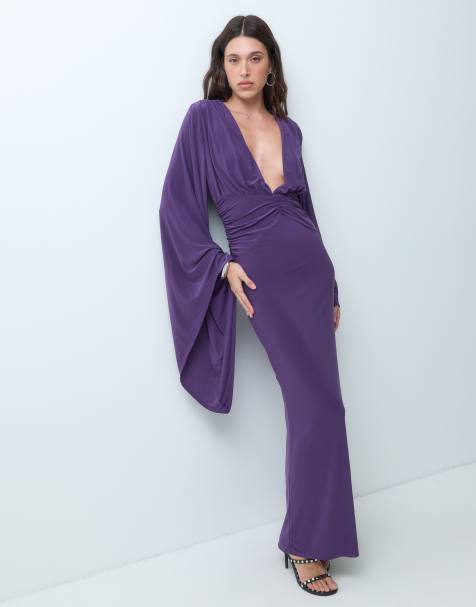 ASOS DESIGN batwing slinky maxi dress with plunge neckline in purple