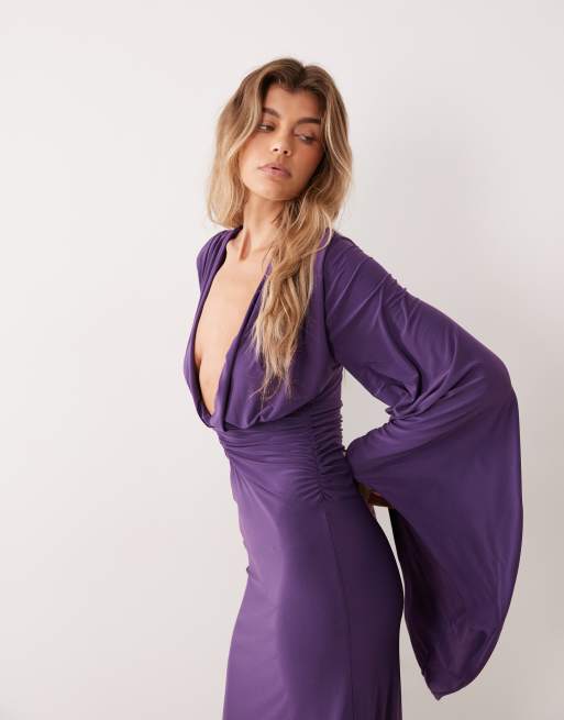 ASOS DESIGN batwing slinky maxi dress with plunge neckline in purple, 2 of 4