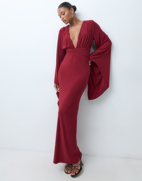 ASOS DESIGN batwing slinky maxi dress with plunge neckline in wine