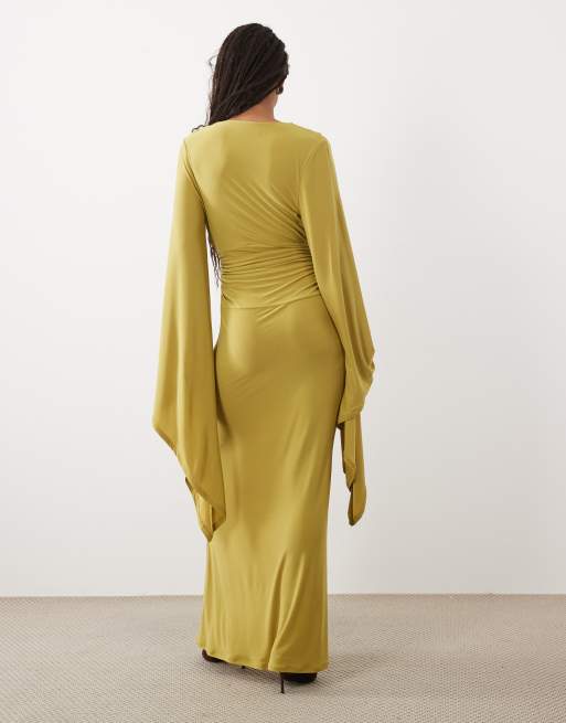 ASOS DESIGN batwing slinky maxi jurk met diepe halslijn in olijfgroen, 4 van 4