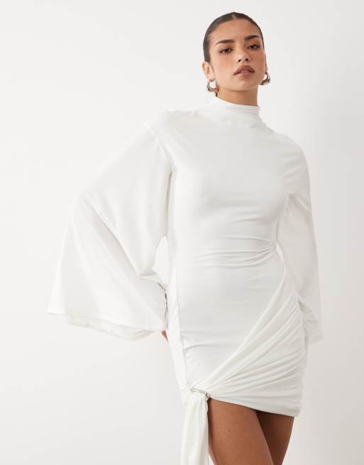 ASOS DESIGN batwing slinky mini dress with draped hardware detail in cream, 2 of 4