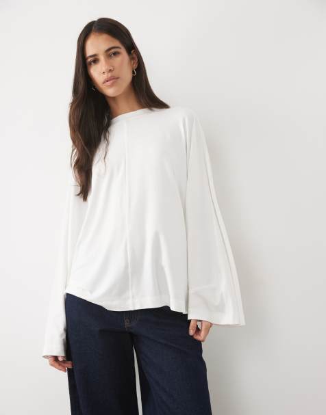 ASOS DESIGN batwing T-shirt met naaddetail en lange mouwen in wit - view 1
