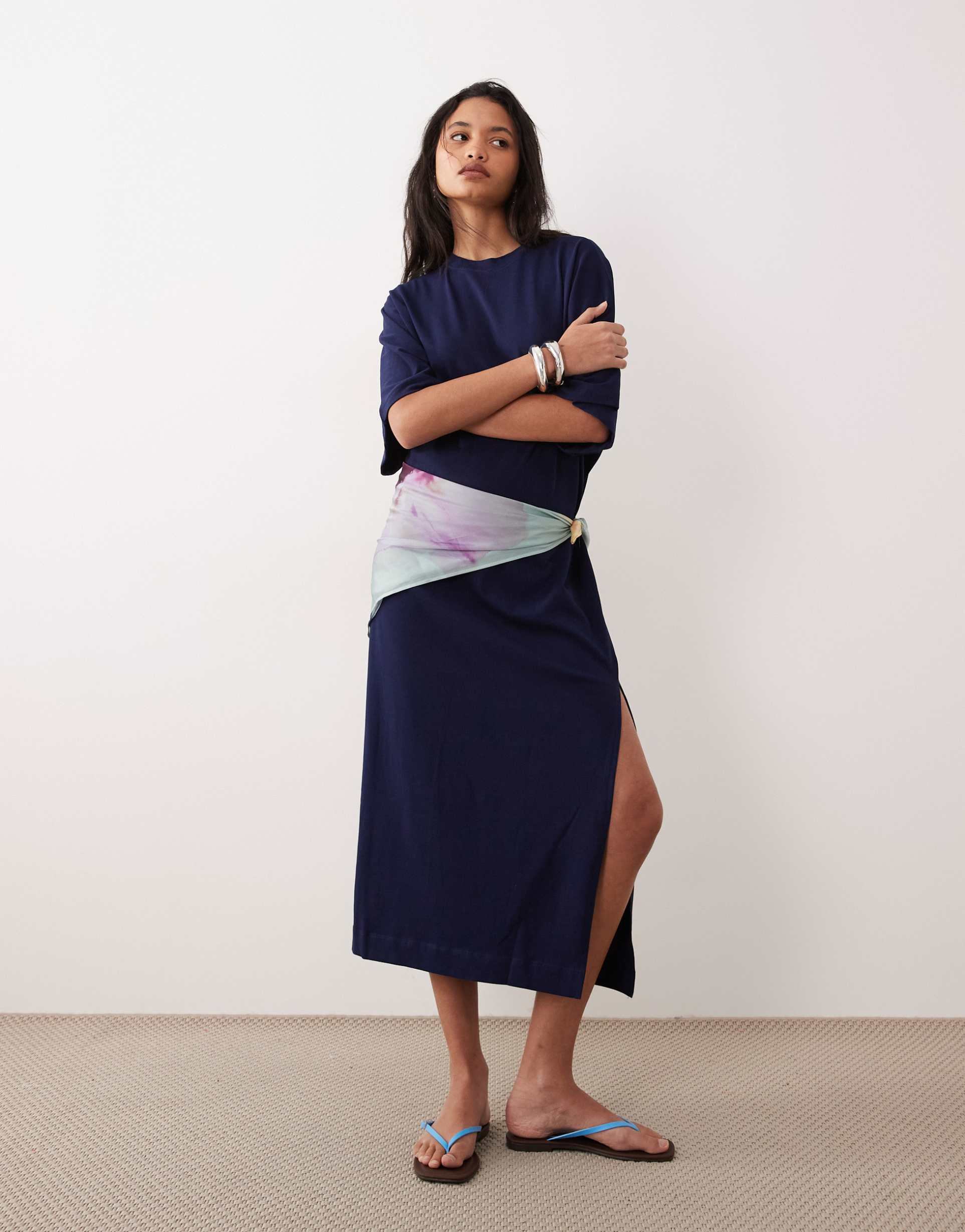 asos design batwing t-shirt midi dress in navy