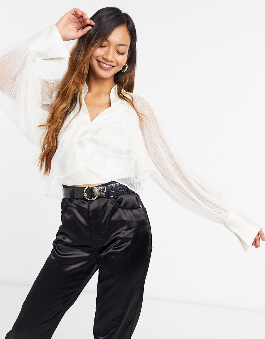 ASOS DESIGN batwing top with pleated sleeves in ivory-White