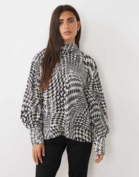 ASOS DESIGN batwing tunic blouse with high neck in dogtooth print - view 1