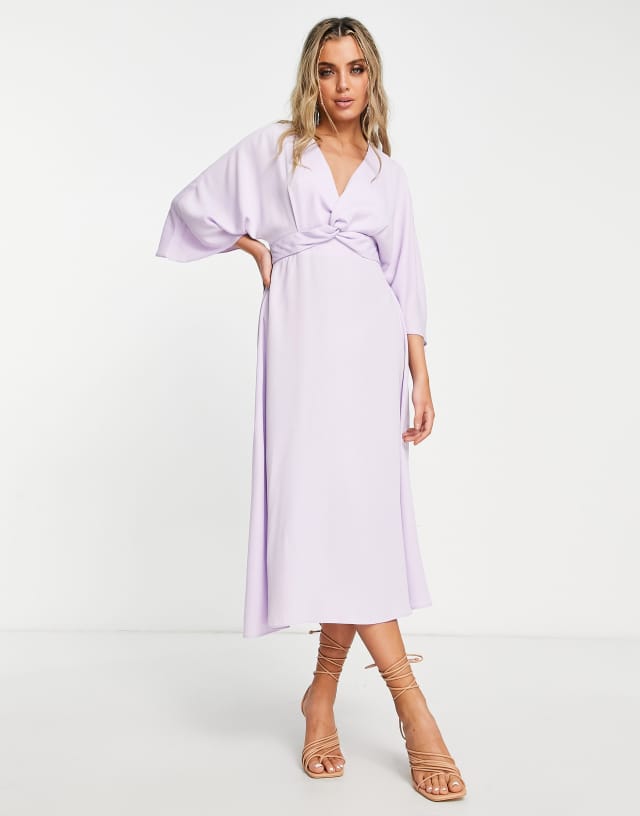 ASOS DESIGN batwing twist front midi skater dress in lilac