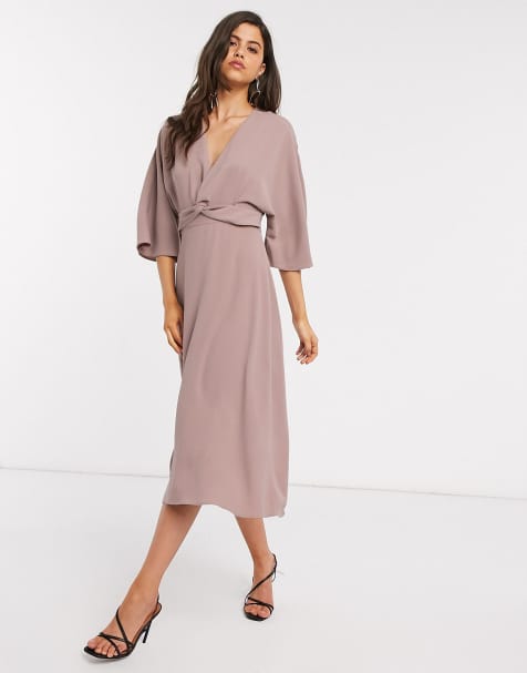 ASOS DESIGN batwing twist front midi skater dress in mink - view 1