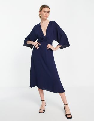 ASOS DESIGN batwing twist front midi skater dress in navy