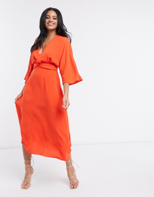 ASOS DESIGN batwing twist front midi skater dress in orange