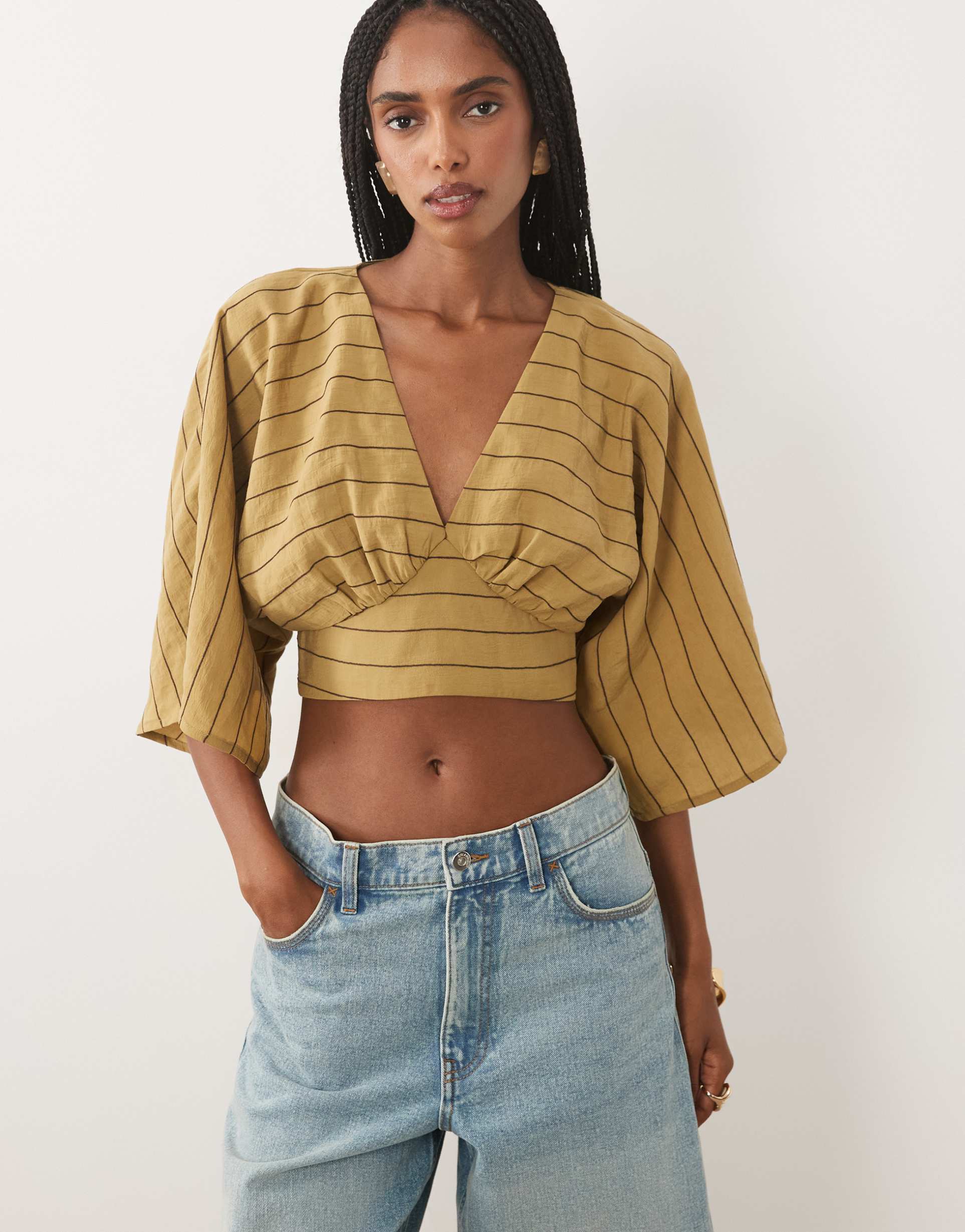 asos design batwing wrap detail top in olive stripes