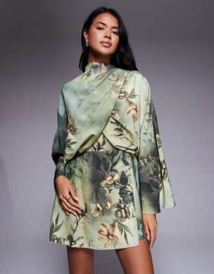 Asos Design Batwing Wrap High Neck Romper In Multi