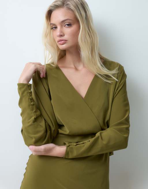 ASOS DESIGN batwing wrap maxi dress in moss green, 2 of 5