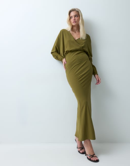 ASOS DESIGN batwing wrap maxi dress in moss green, 5 of 5