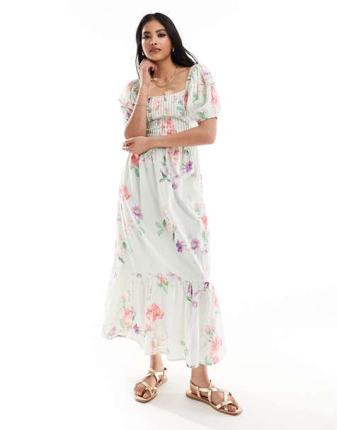ASOS DESIGN – Baumwoll-Midikleid mit Noppenstruktur, Blumenmuster und Schnürung am Rücken - view 1