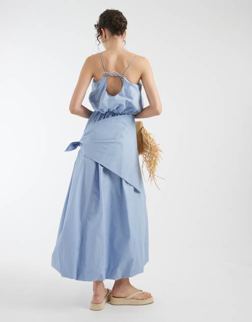 ASOS DESIGN – Bauschiges Popeline-Midikleid in Stahlblau mit geraffter Taille mit Schal-Detail, 3 von 4
