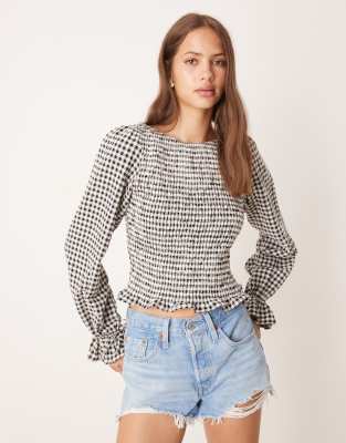ASOS DESIGN – Bawełniana bluzka z marszczeniem w czarno-białą kratkę vichy