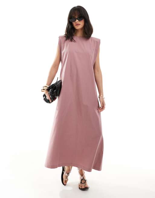 ASOS DESIGN – Bawełniana obszerna sukienka midi z poduszkami na ramionach w kolorze zgaszonej maliny