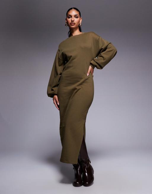 ASOS DESIGN – Bawełniana sukienka dresowa midi z balonowymi rękawami w kolorze khaki