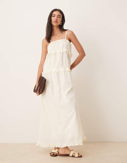 ASOS DESIGN – Bawełniana sukienka maxi w stylu babydoll z koronką w kolorze kości słoniowej