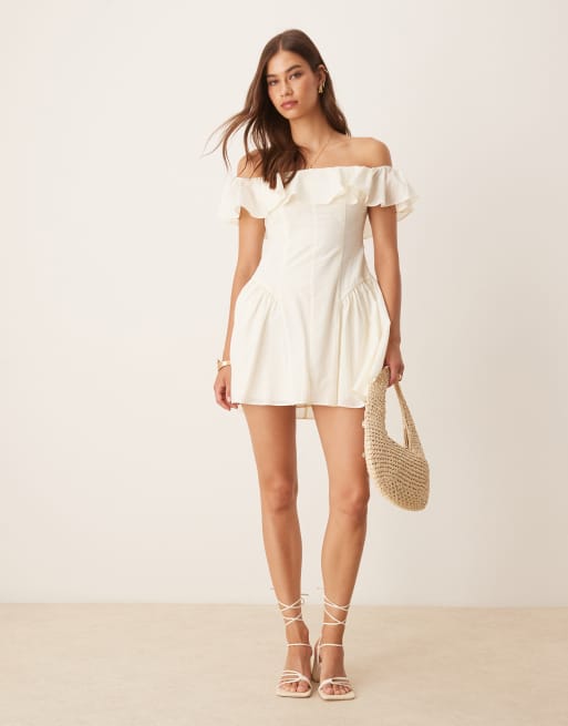 ASOS DESIGN – Bawełniana sukienka mini z dekoltem bardot i ozdobnymi przeszyciami w kolorze kości słoniowej