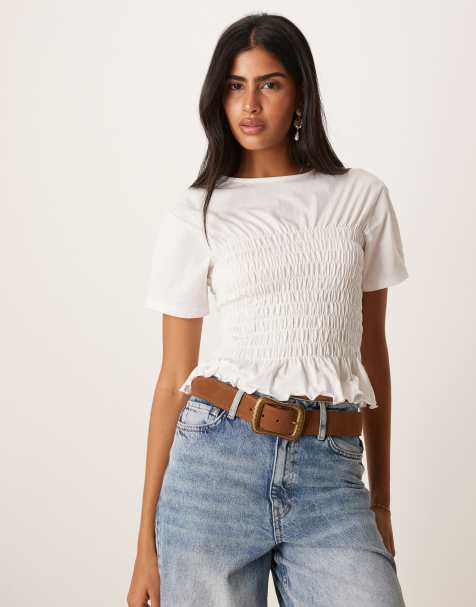ASOS DESIGN cotton fitted tshirt with shirred waist detail in ivory