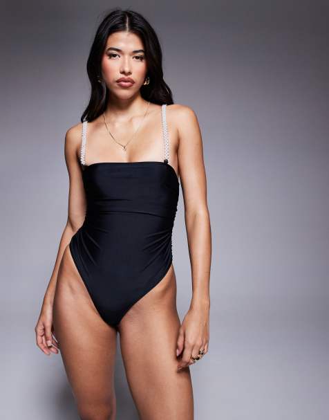 ASOS DESIGN Bea beaded swimsuit in black - view 1