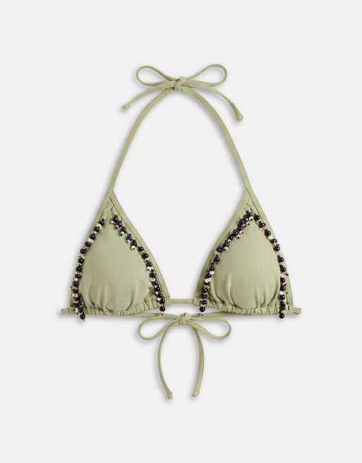 ASOS DESIGN Bea beaded triangle bikini top with fringe beading in green, 5 of 8