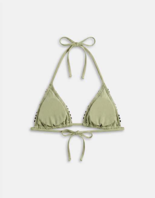 ASOS DESIGN Bea beaded triangle bikini top with fringe beading in green, 6 of 8