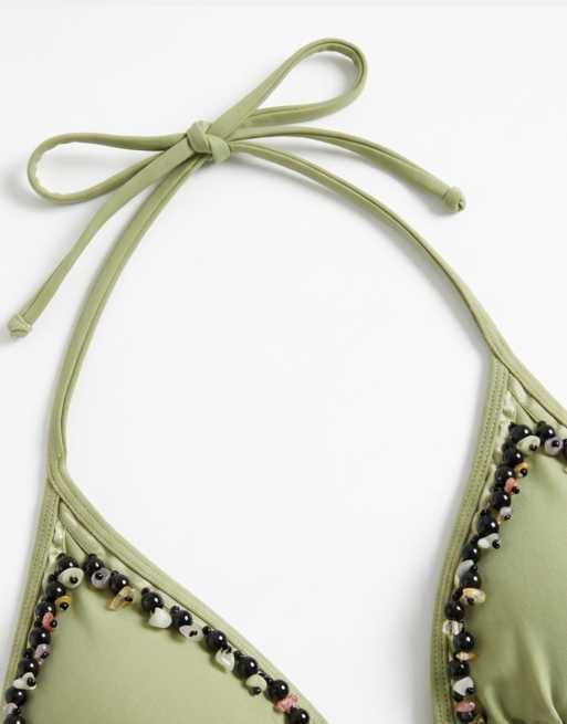 ASOS DESIGN Bea beaded triangle bikini top with fringe beading in green, 7 of 8