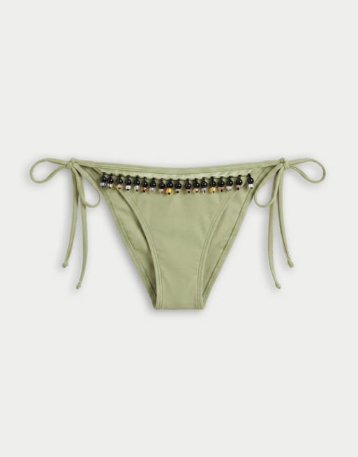 ASOS DESIGN – Bea – Rio – Grön bikiniunderdel med hög benskärning, knytning i sidan, pärlor och fransar, 5 av 7