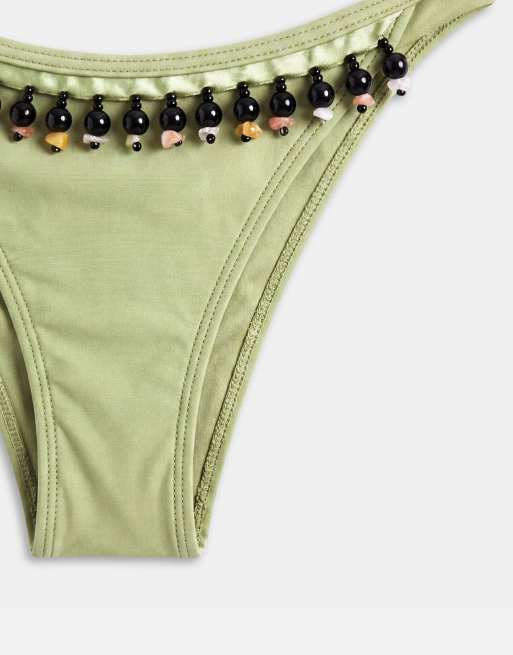 ASOS DESIGN – Bea – Rio – Grön bikiniunderdel med hög benskärning, knytning i sidan, pärlor och fransar, 6 av 7