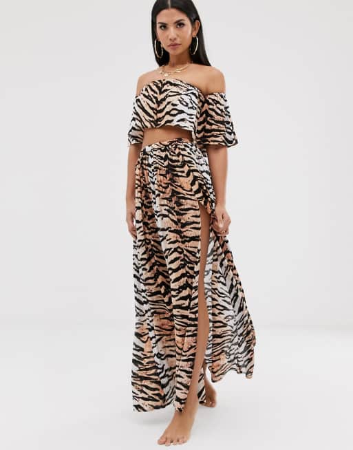 ASOS DESIGN frill beach co-ord in natural tiger print, 2 of 2