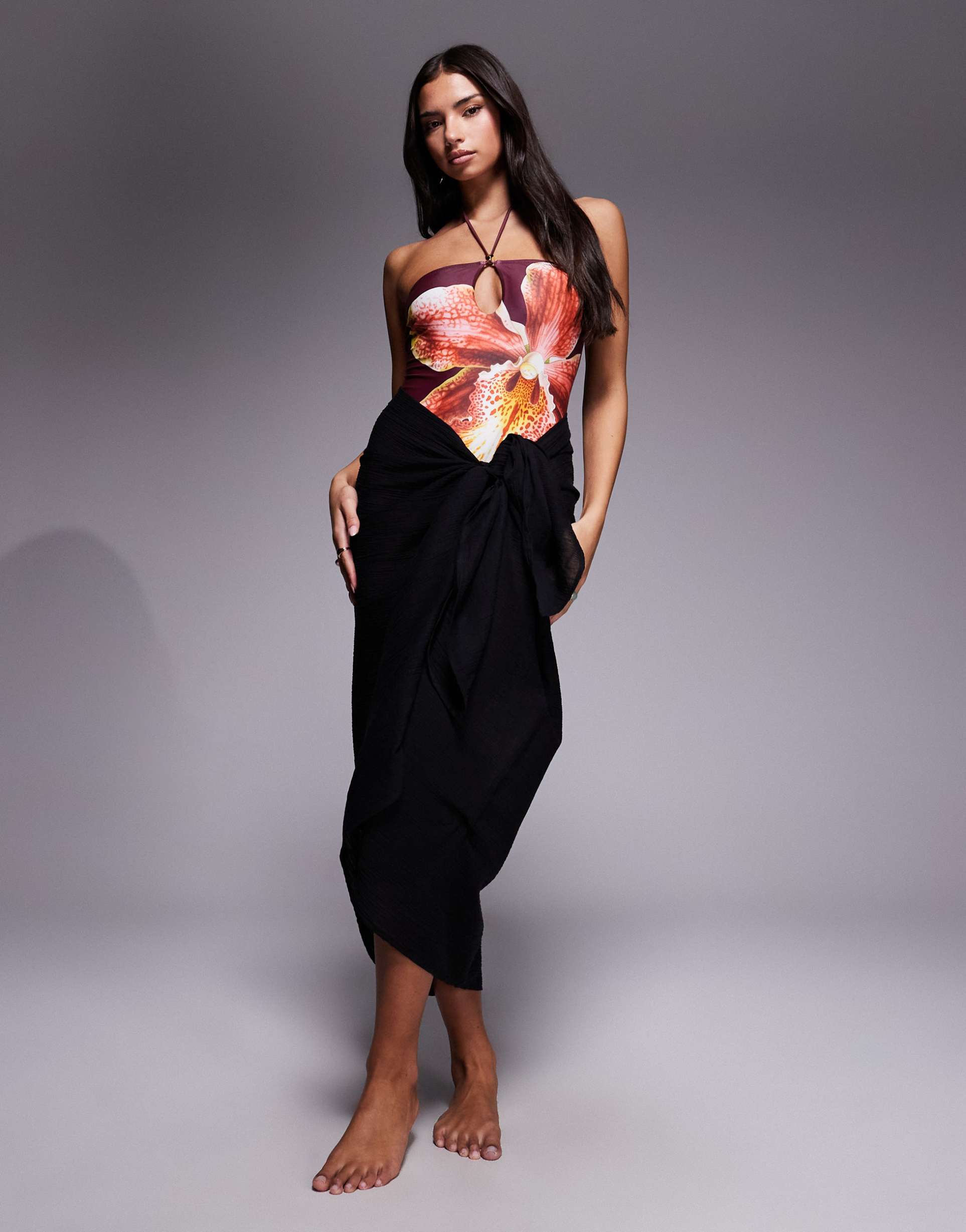 asos design beach cotton crinkle maxi sarong in black